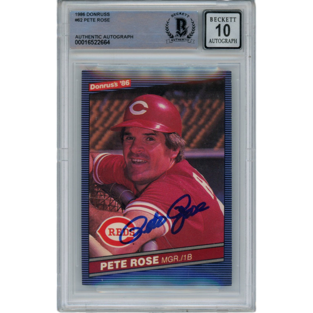 Pete Rose Cincinnati Reds Signed Card - 1986 Donruss 62 10 Auto Beckett Beckett-Powers Sports Memorabilia