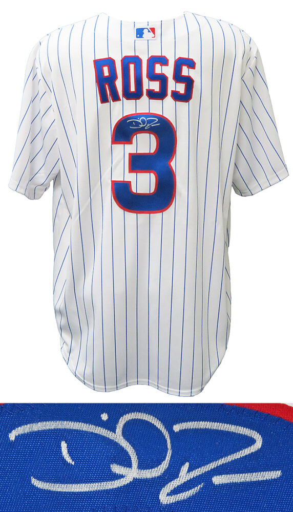 David Ross Autographed Chicago Cubs White Pinstripe Majestic Replica Baseball Jersey-Powers Sports Memorabilia