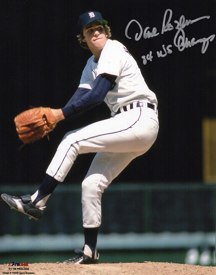 Dave Rozema Autographed Detroit Tigers Pitching White Jersey Action 8x10 Photo with 84 WS Champs-Powers Sports Memorabilia
