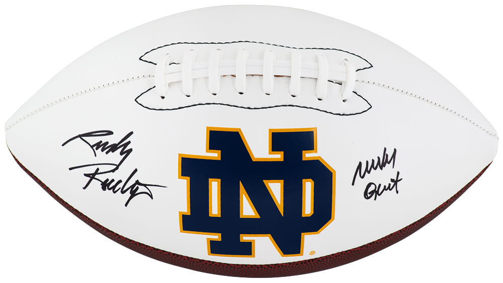 Rudy Ruettiger Autographed Notre Dame Fighting Irish Logo Brands White Logo Football with Never Quit-Powers Sports Memorabilia
