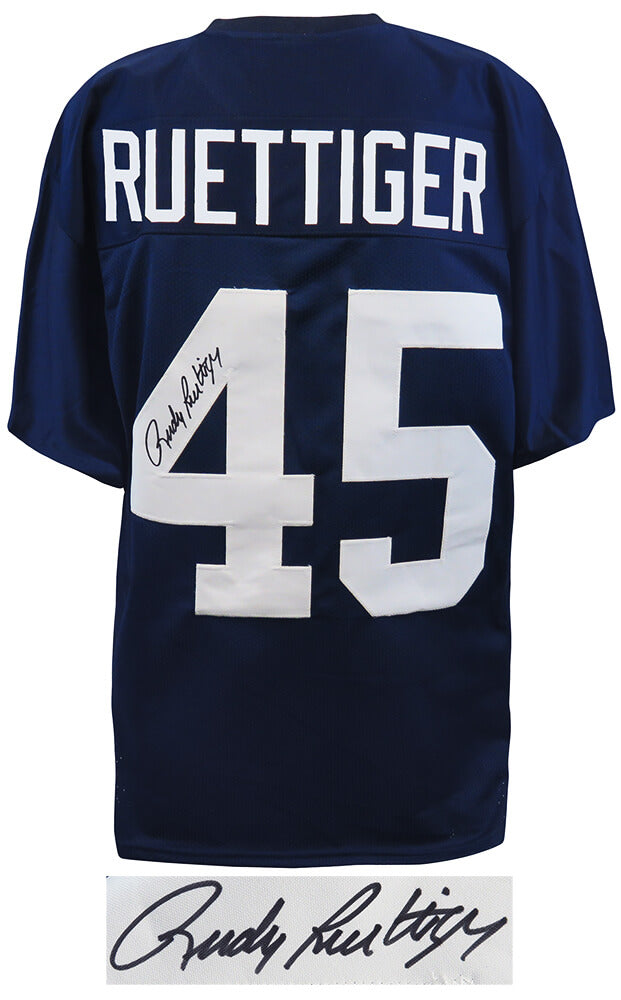 Rudy Ruettiger Autographed Navy T/B Custom Football Jersey-Powers Sports Memorabilia