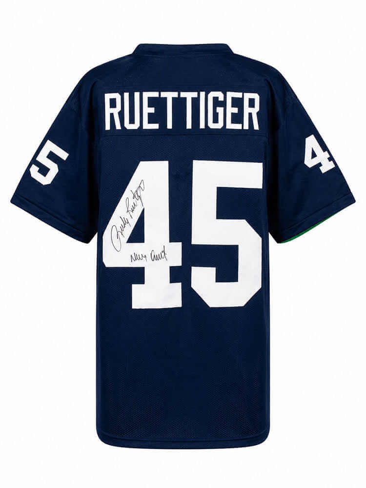 Rudy Ruettiger Autographed Navy Throwback Custom College Football Jersey with Never Quit-Powers Sports Memorabilia
