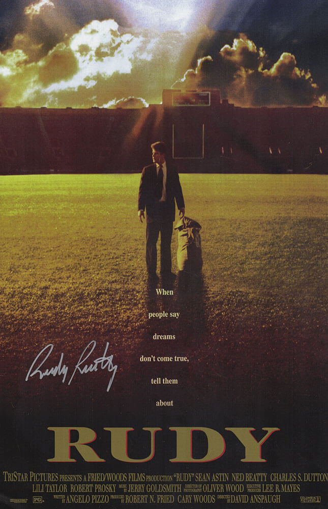 Rudy Ruettiger Autographed Rudy 11x17 Movie Poster (In Silver)-Powers Sports Memorabilia