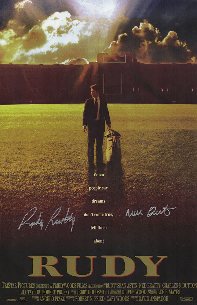 Rudy Ruettiger Autographed Rudy 11x17 Movie Poster with Never Quit - (In Silver)-Powers Sports Memorabilia
