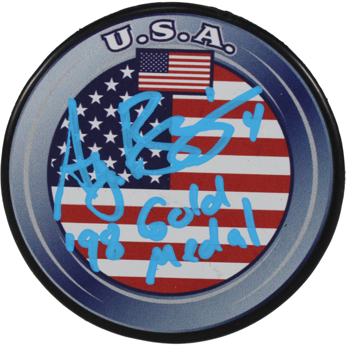 Angela Ruggiero USA Logo Signed Puck 98 Gold Medal-Powers Sports Memorabilia