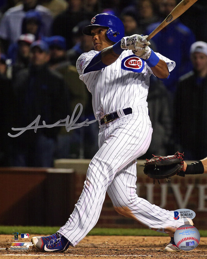 Addison Russell Autographed Chicago Cubs White Pinstripe Jersey Swinging Action 8x10 Photo - (Beckett)-Powers Sports Memorabilia