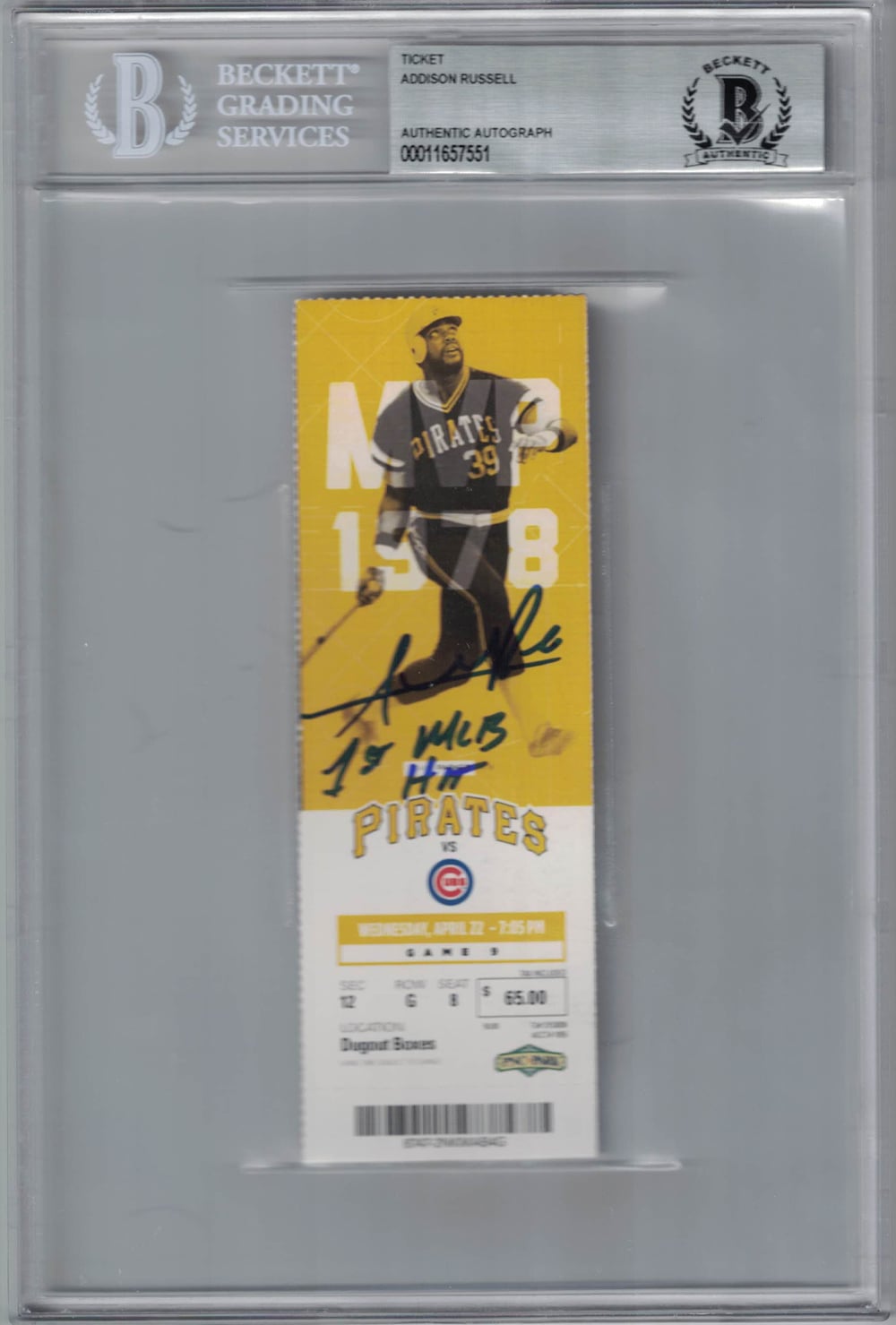 Addison Russell Chicago Cubs Signed Card - Ticket 1st MLB Hit BAS Slab Beckett-Powers Sports Memorabilia