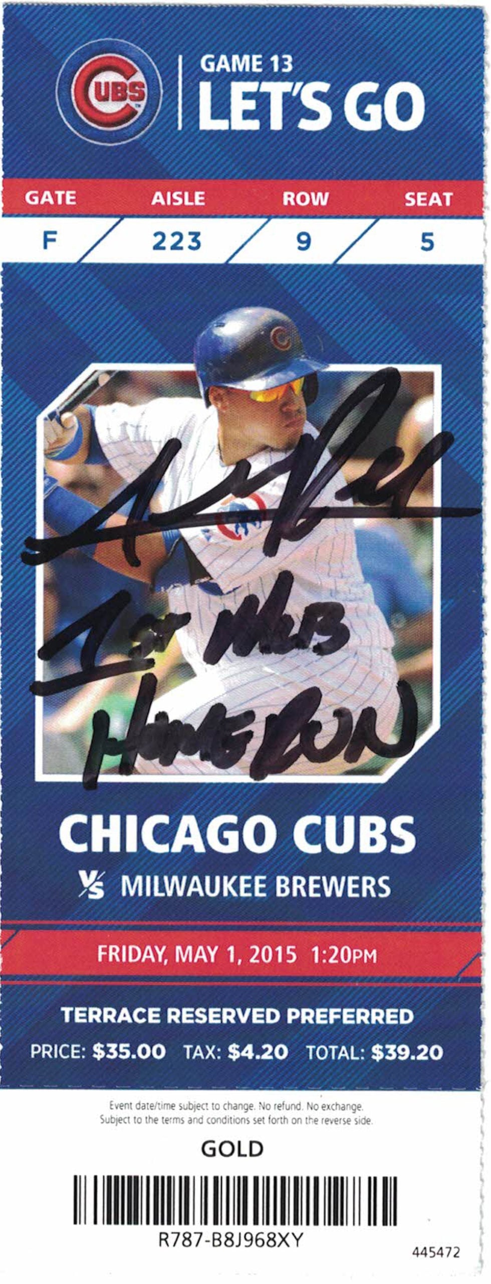 Addison Russell Chicago Cubs Signed Card - Ticket 1st MLB HR-Powers Sports Memorabilia