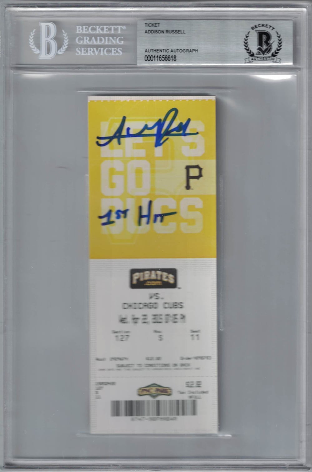 Addison Russell Pittsburgh Pirates Signed Card - Chicago Cubs Ticket 1st Hit BAS Slab Beckett-Powers Sports Memorabilia