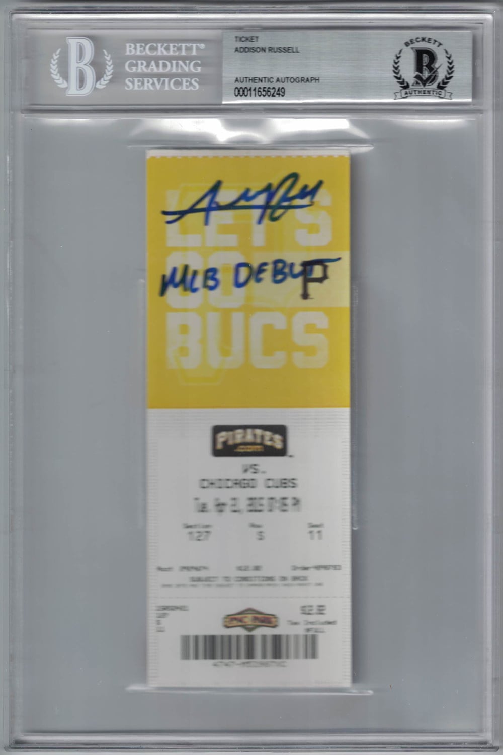 Addison Russell Chicago Cubs Signed Card - Ticket MLB Debut BAS Slab Beckett-Powers Sports Memorabilia