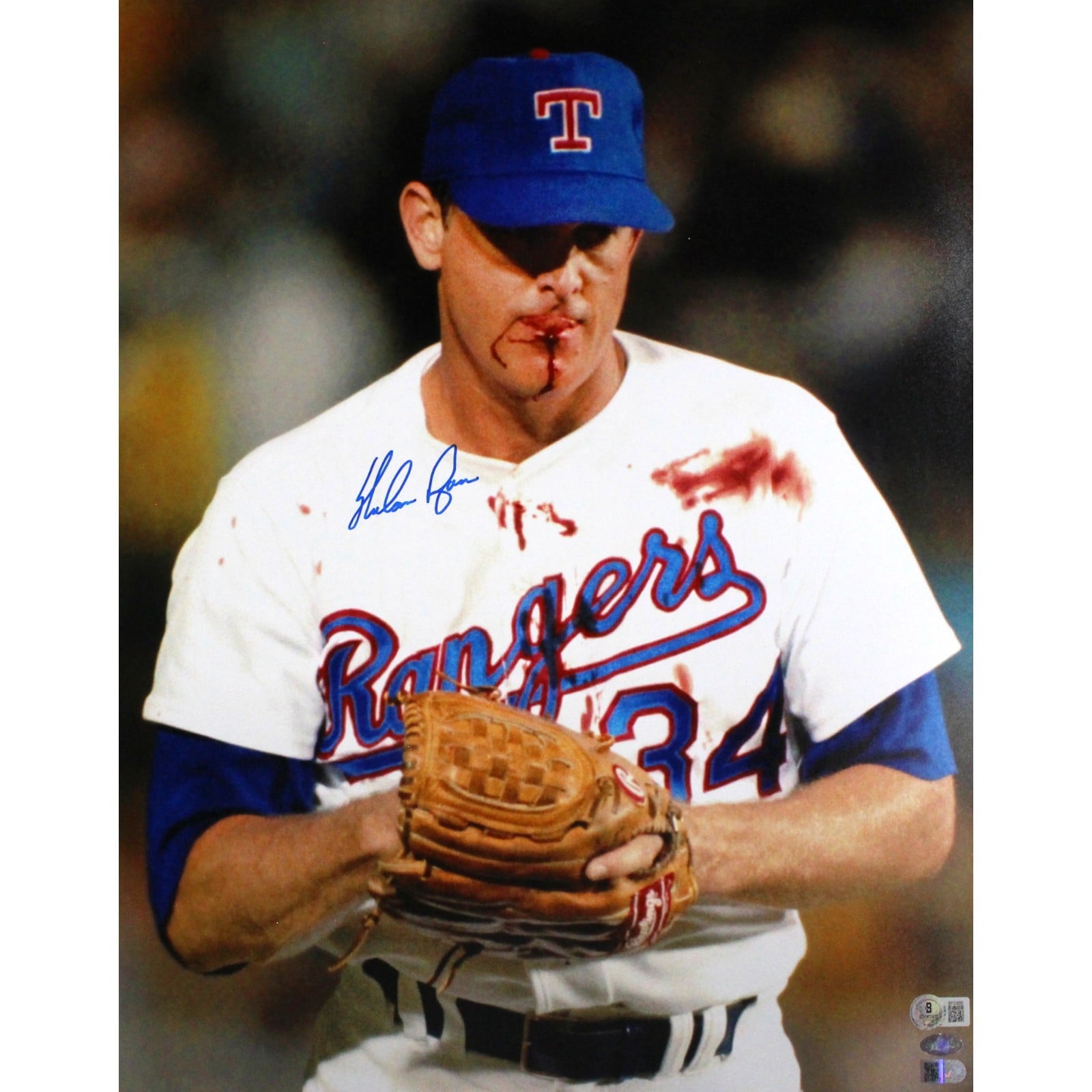 Nolan Ryan Signed Texas Rangers 16x20 Photo Bloody Lip – Beckett Authenticated-Powers Sports Memorabilia