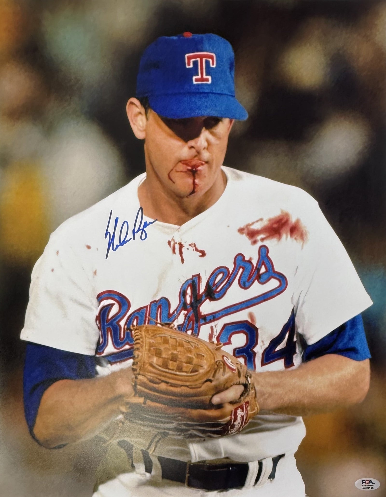 Nolan Ryan Signed Texas Rangers 16x20 Photo Bloody Lip PSA-Powers Sports Memorabilia