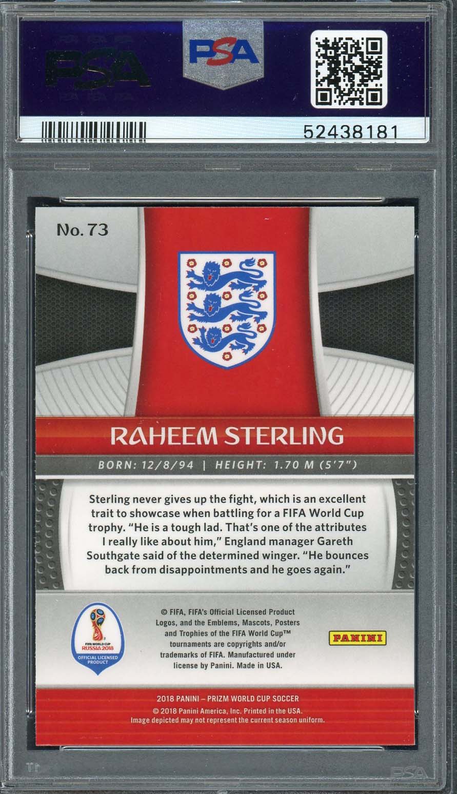 Raheem Sterling 2018 Panini Prizm World Cup Soccer Card #73 Graded PSA 9-Powers Sports Memorabilia