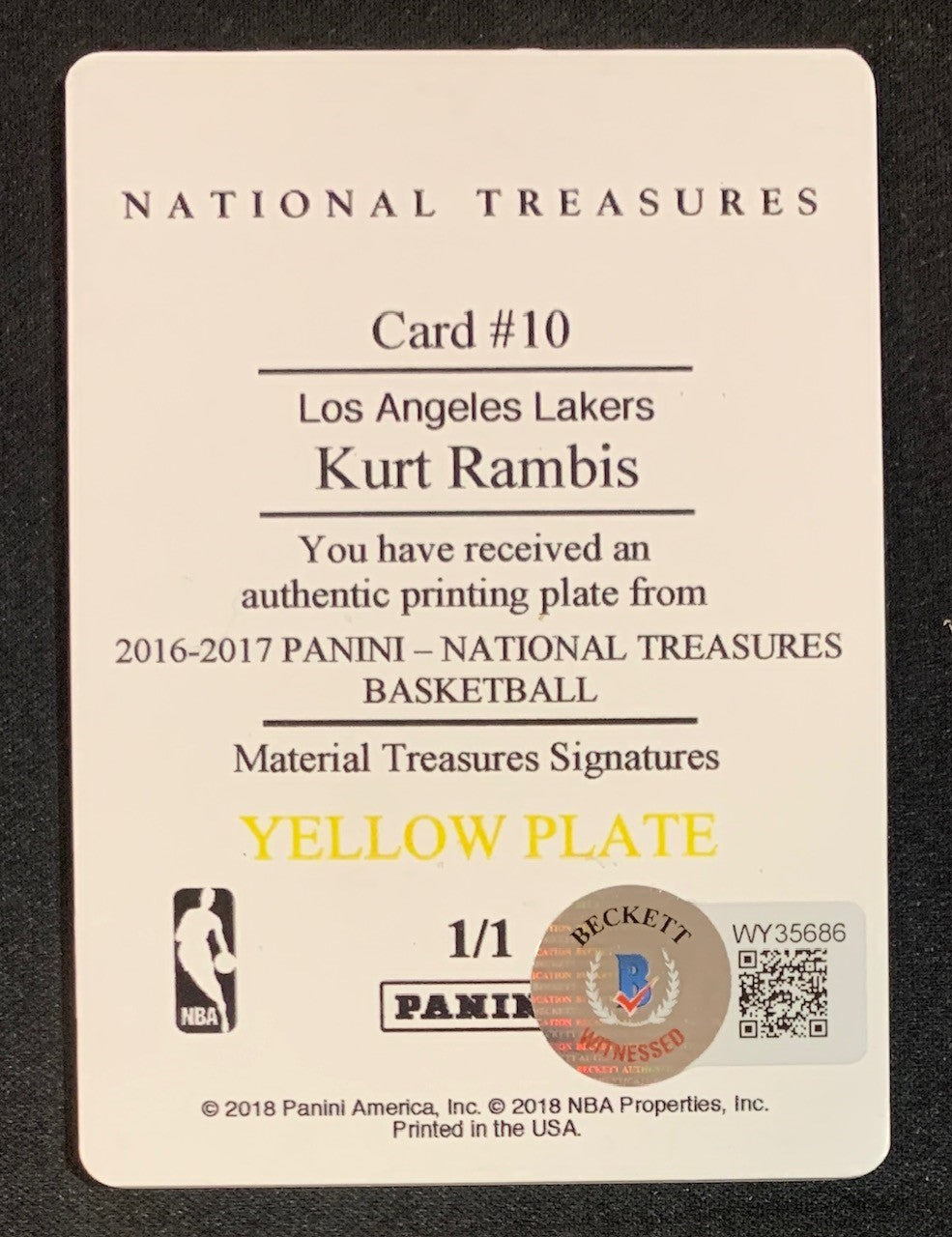 Kurt Rambis 2016 Panini National Treasures Signed Printing Plate Auto Beckett 1/1-Powers Sports Memorabilia