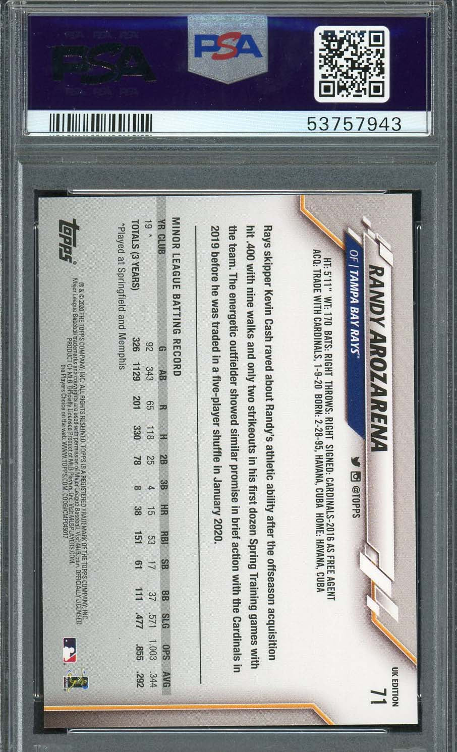 Randy Arozarena 2020 Topps UK Edition Baseball Rookie Card #71 PSA 10-Powers Sports Memorabilia