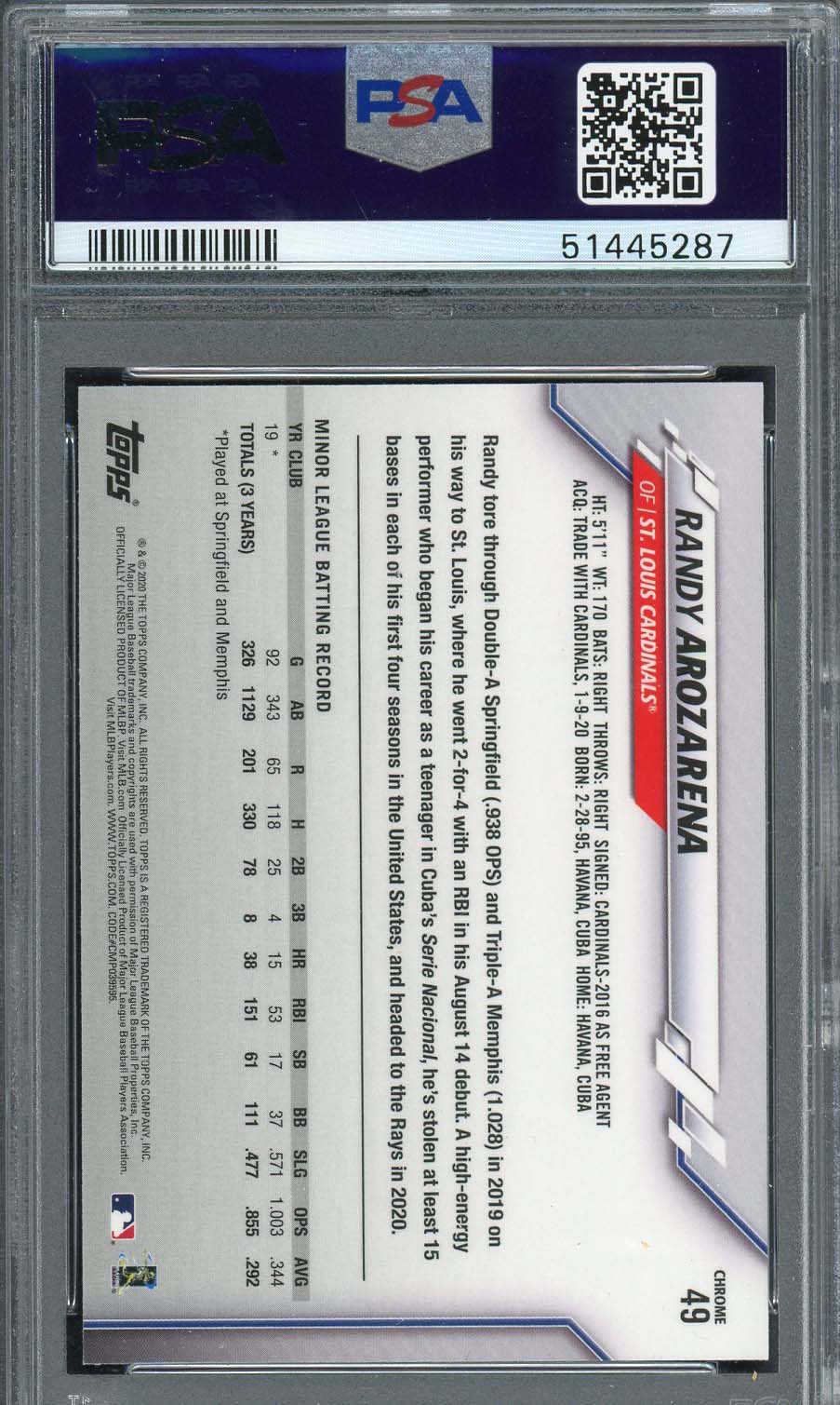 Randy Arozarena 2020 Topps Chrome Prism Refractor Rookie Card #49 Graded PSA 9-Powers Sports Memorabilia