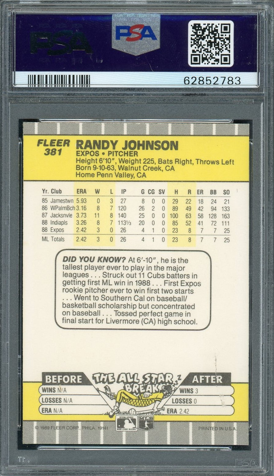 Randy Johnson 1989 Fleer Ad Blacked Out Baseball Rookie Card #381 Graded PSA 10-Powers Sports Memorabilia