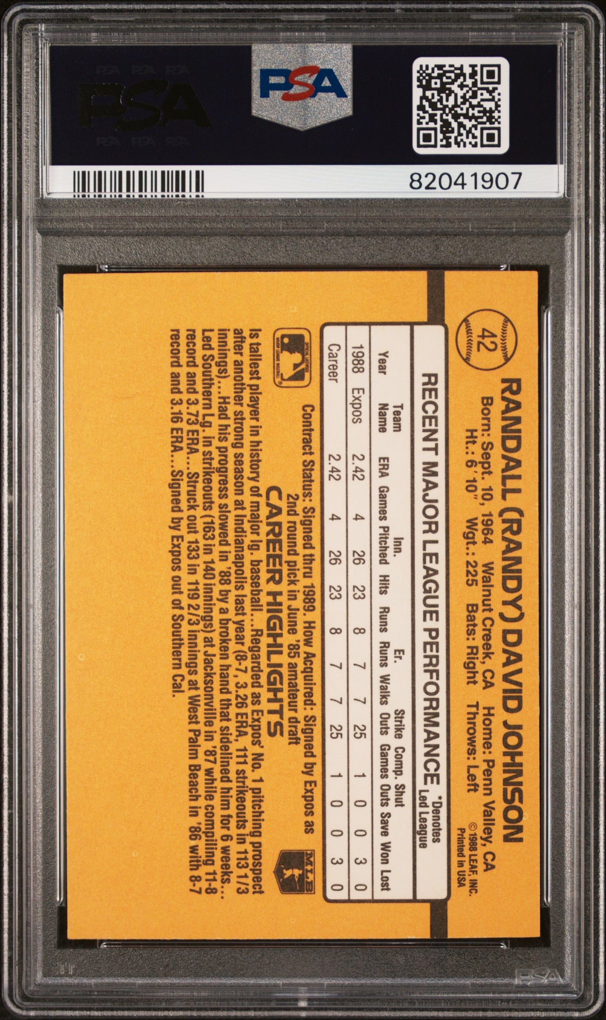 Randy Johnson 1989 Donruss Rated Baseball Rookie Card #42 Graded PSA 10-Powers Sports Memorabilia