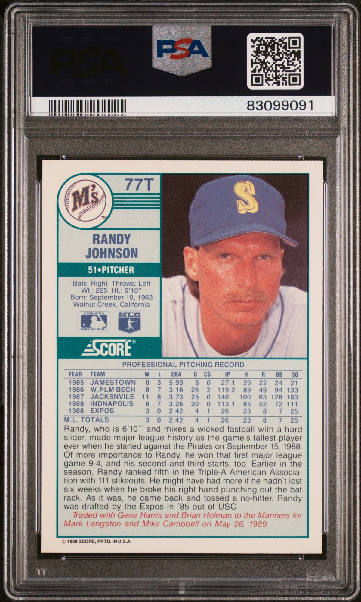 Randy Johnson 1989 Score Traded Baseball Rookie Card #77T Graded PSA 10-Powers Sports Memorabilia