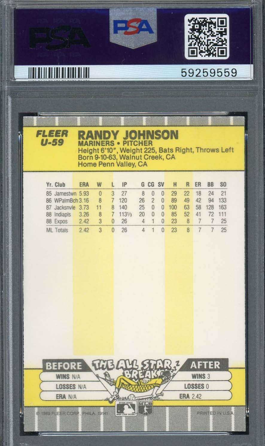 Randy Johnson 1989 Fleer Update Baseball Rookie Card RC #U-59 Graded PSA 8-Powers Sports Memorabilia