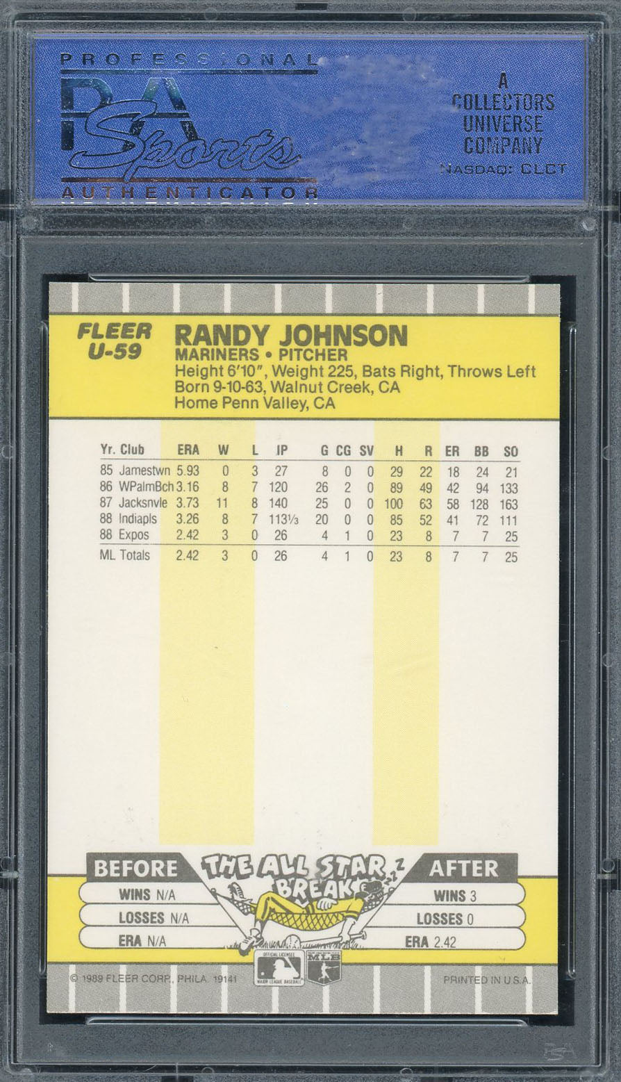 Randy Johnson 1989 Fleer Update Baseball Rookie Card RC #U59 Graded PSA 9 MINT-Powers Sports Memorabilia
