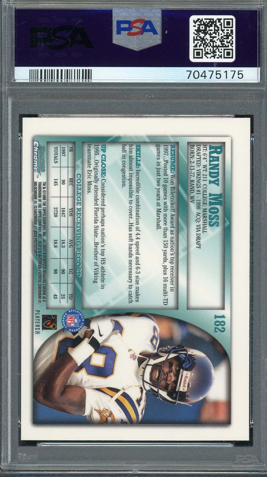 Randy Moss 1998 Bowman Chrome Football Rookie Card RC #182 Graded PSA 9-Powers Sports Memorabilia