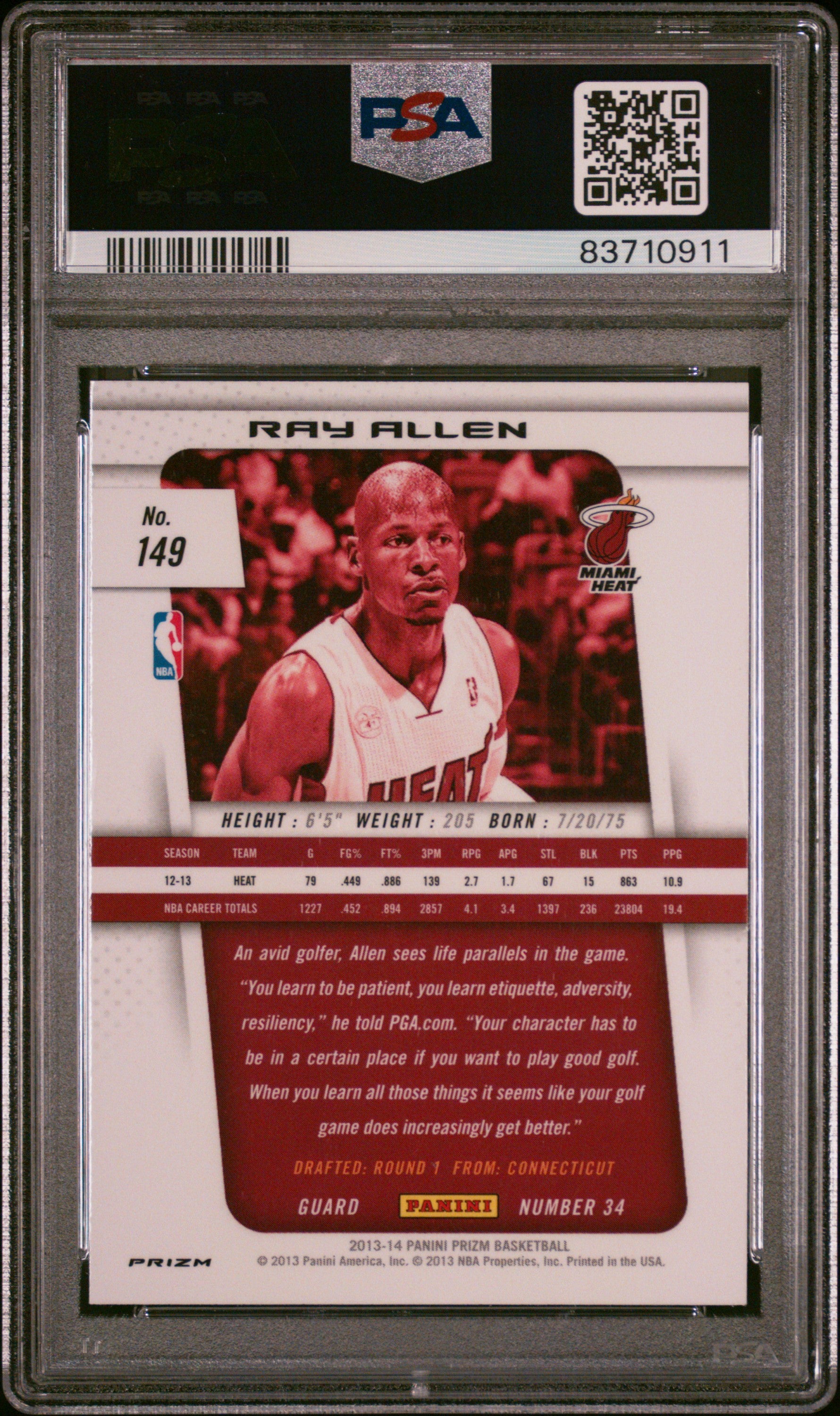 Ray Allen 2013 Panini Silver Prizm Signed Card #149 Auto Graded PSA 10-Powers Sports Memorabilia