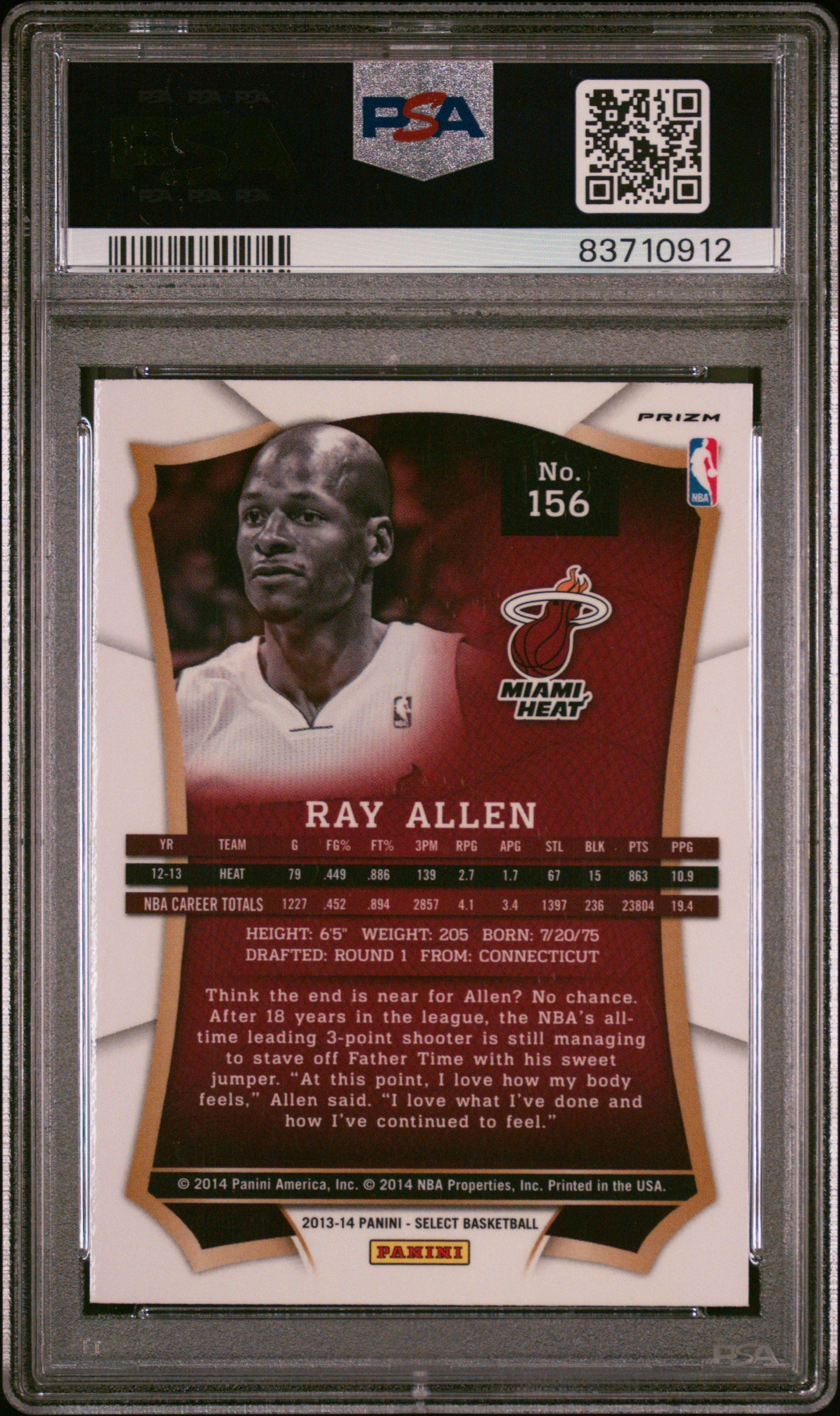 Ray Allen 2013 Panini Select Silver Prizm Signed Card #156 Auto Graded PSA 10-Powers Sports Memorabilia