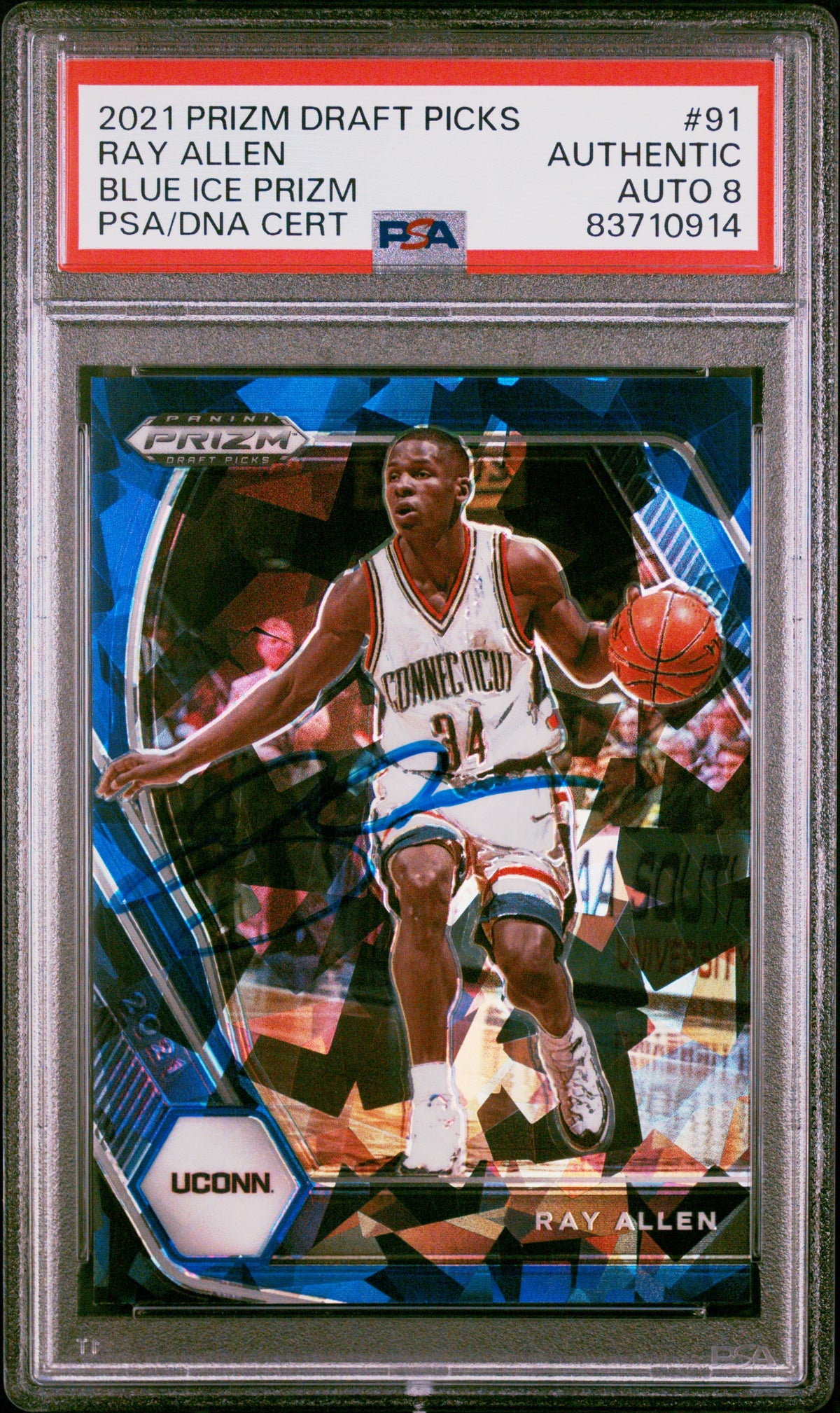 Ray Allen 2021 Panini Prizm DP Blue Ice Signed Card #91 Auto Graded PSA 8 60/99-Powers Sports Memorabilia