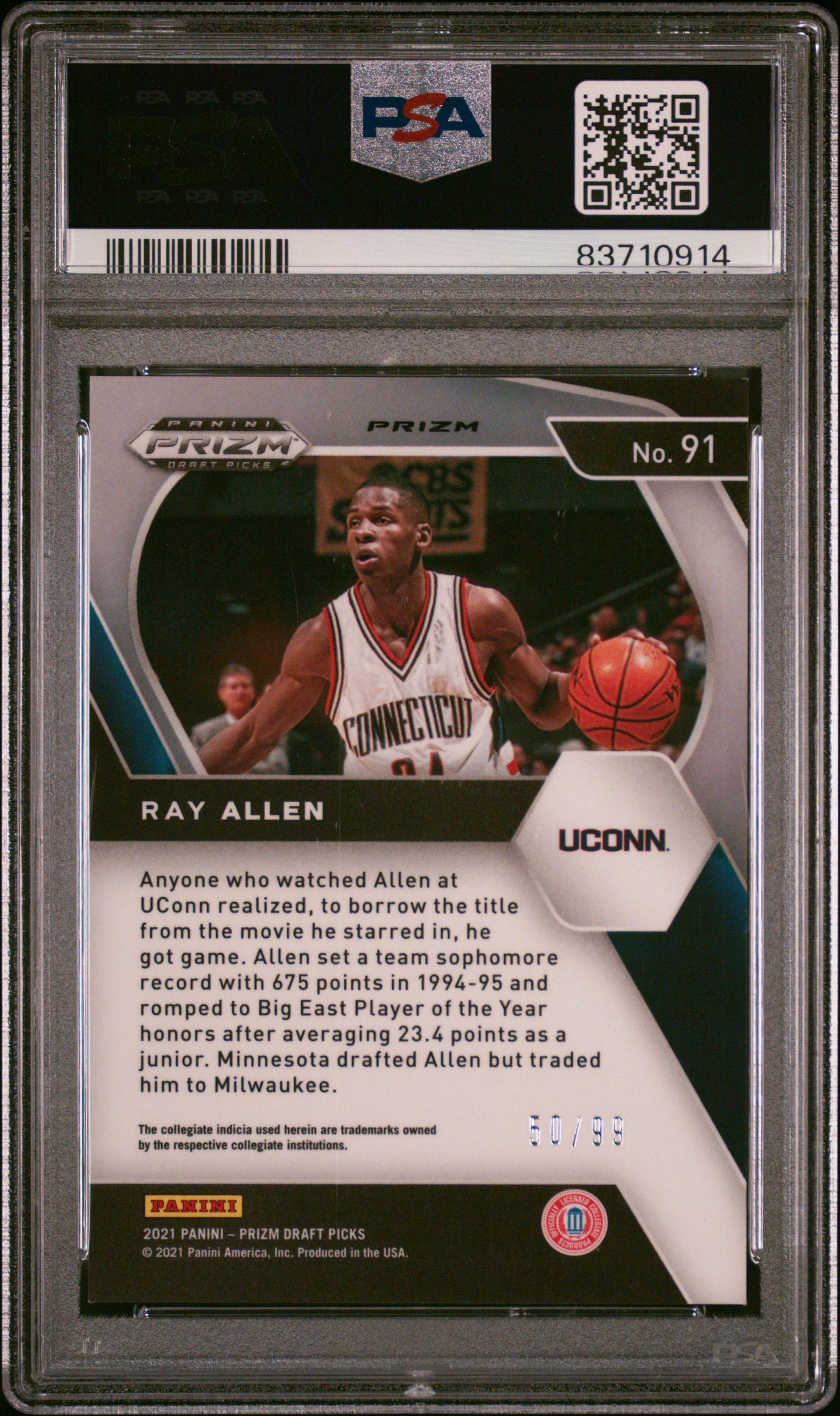 Ray Allen 2021 Panini Prizm DP Blue Ice Signed Card #91 Auto Graded PSA 8 60/99-Powers Sports Memorabilia