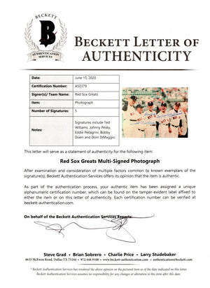 Ted Williams and Red Sox Greats Autographed Boston Red Sox 8x10 Photo Beckett Authenticated-Powers Sports Memorabilia