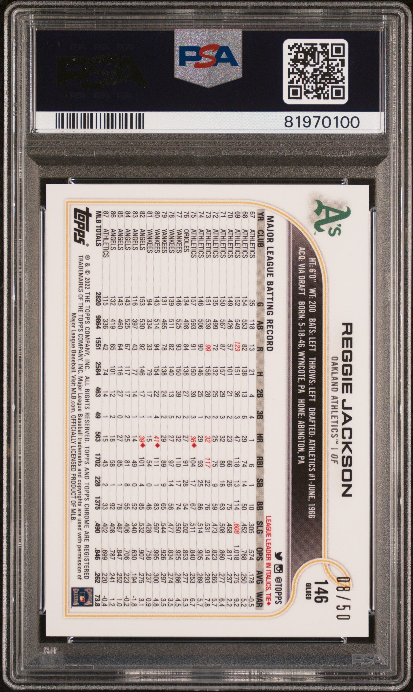 Reggie Jackson 2022 Topps Chrome Gold Signed Card #146 Auto Graded PSA 10 8/50-Powers Sports Memorabilia