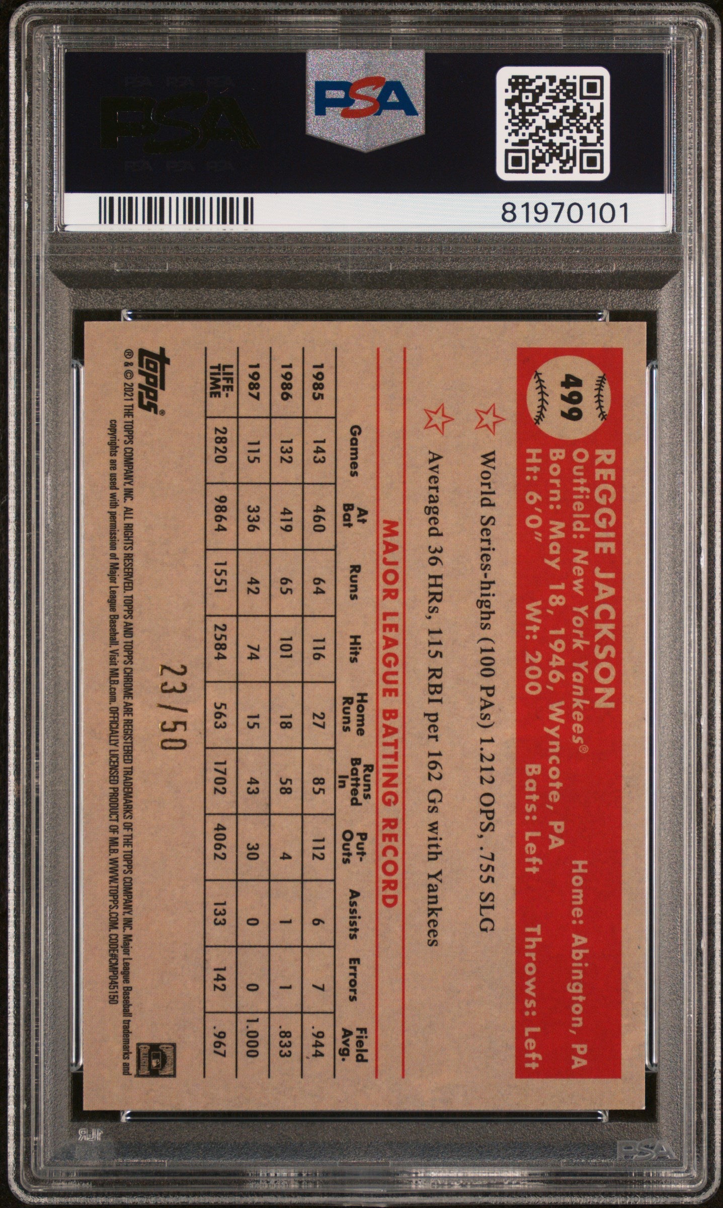 Reggie Jackson 2021 Topps Chrome Gold Signed Card #499 Auto Graded PSA 10 23/50-Powers Sports Memorabilia