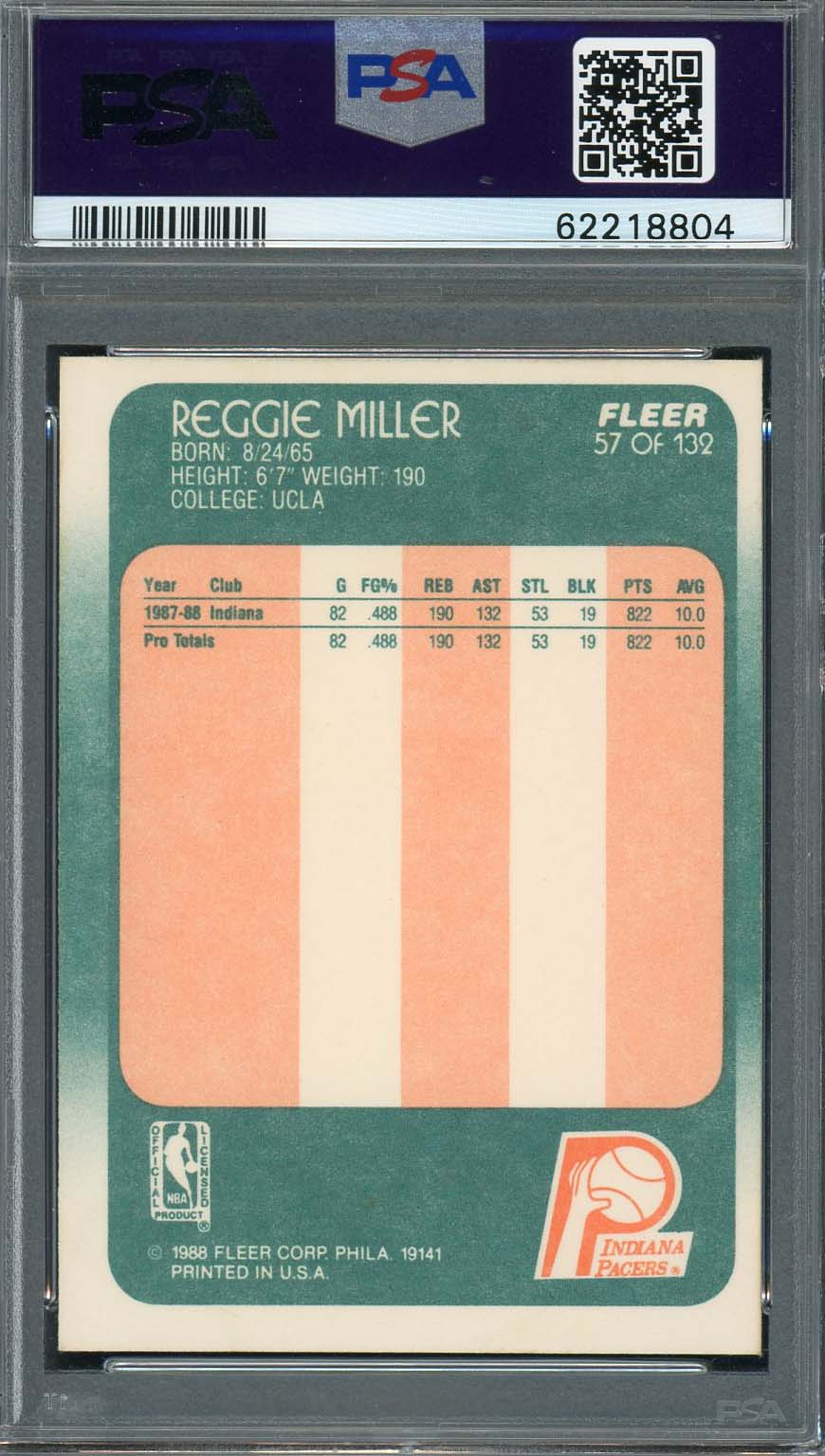 Reggie Miller 1988 Fleer Basketball Rookie Card RC #57 Graded PSA 7-Powers Sports Memorabilia