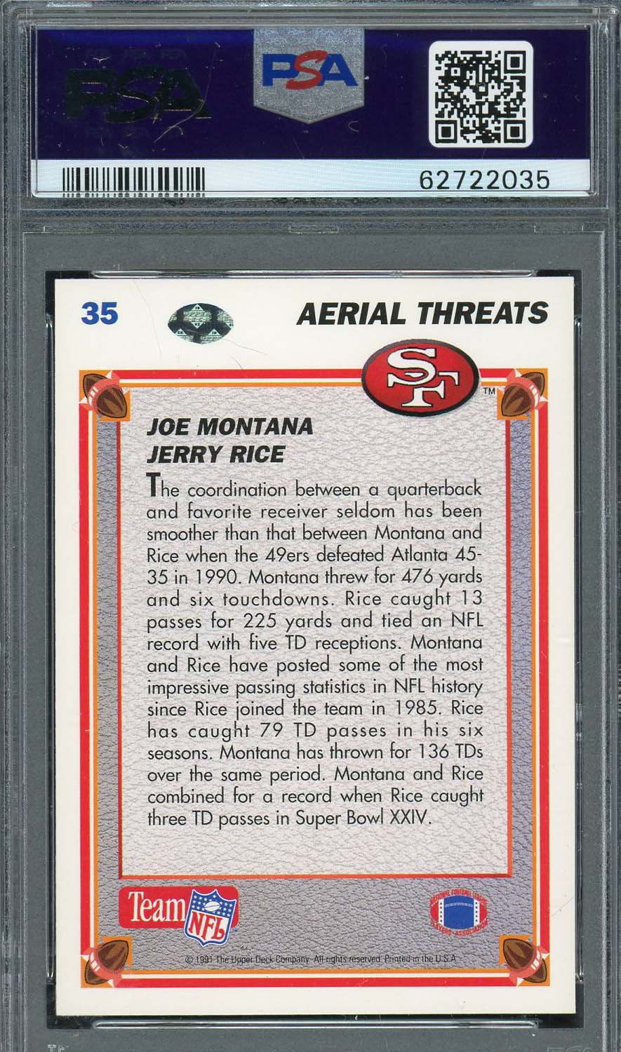 Joe Montana / Jerry Rice 1991 Upper Deck Football Card #35 Graded PSA 10-Powers Sports Memorabilia