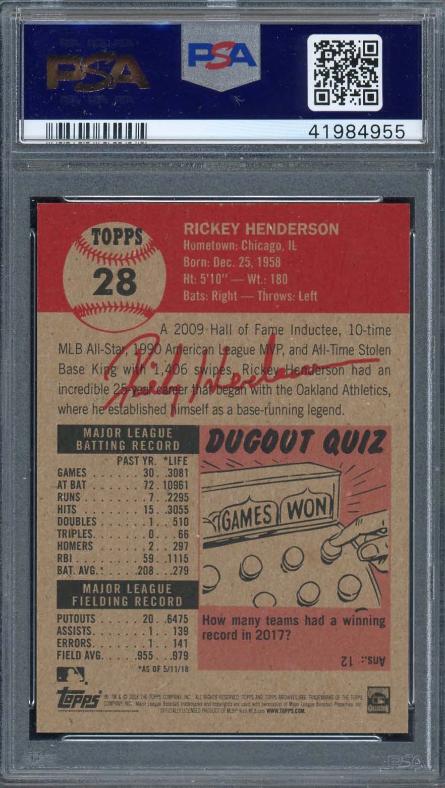 Rickey Henderson 2018 Topps Living Baseball Card #28 Graded PSA 10 GEM MINT-Powers Sports Memorabilia