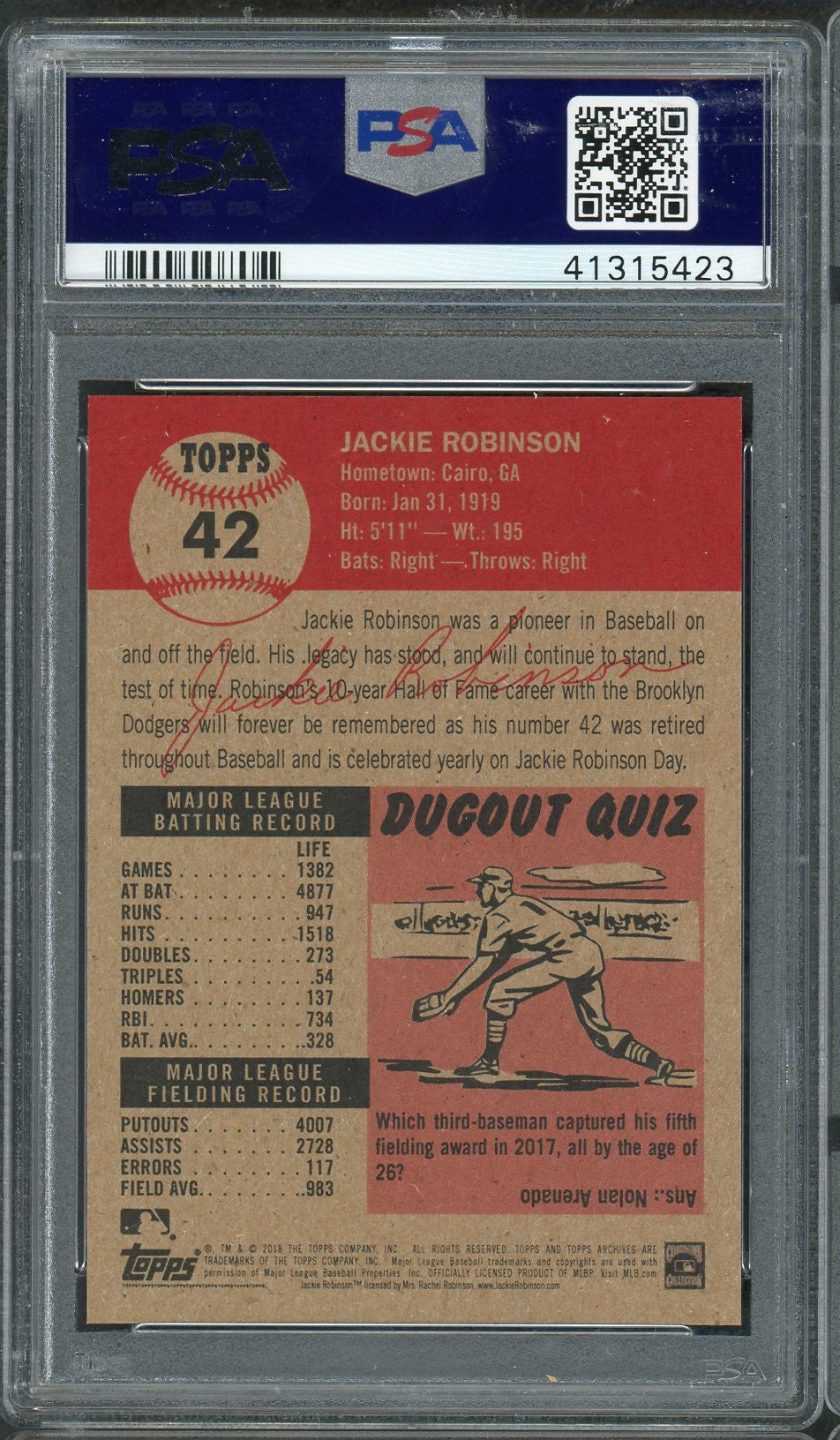 Jackie Robinson Brooklyn Dodgers 2018 Topps Living Baseball Card #42 Graded PSA 10 GEM MINT-Powers Sports Memorabilia