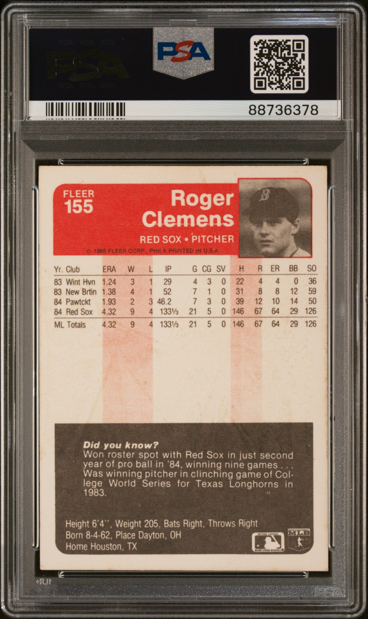 Roger Clemens 1985 Fleer Signed Rookie Card #155 Auto Graded PSA 9 88736378-Powers Sports Memorabilia