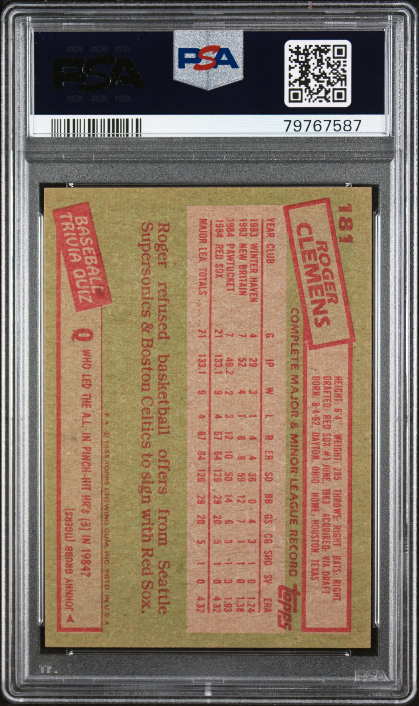 Roger Clemens 1985 Topps Baseball Rookie Card #181 Graded PSA 8-Powers Sports Memorabilia