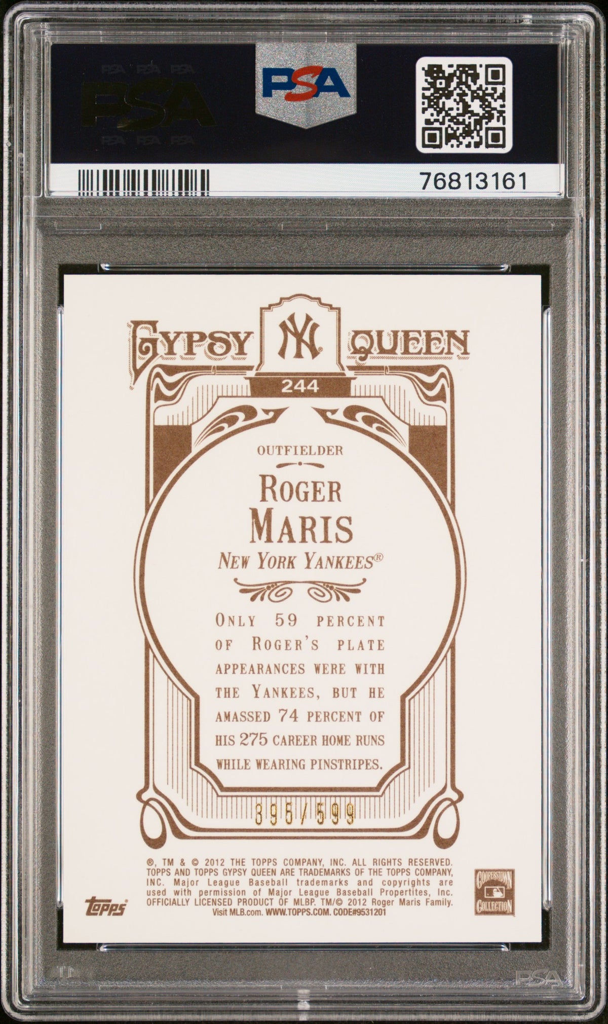 Roger Maris 2012 Topps Gypsy Queen Blue Frame Baseball Card #244 Graded PSA 10-Powers Sports Memorabilia