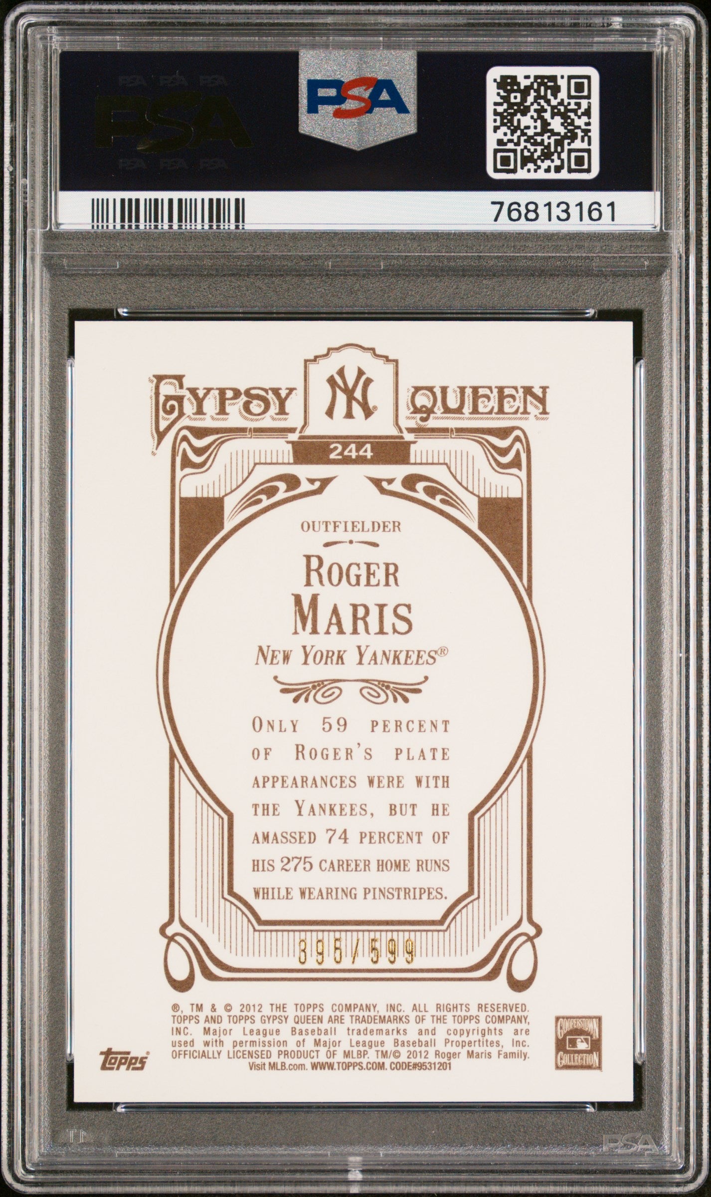 Roger Maris 2012 Topps Gypsy Queen Blue Frame Baseball Card #244 Graded PSA 10-Powers Sports Memorabilia