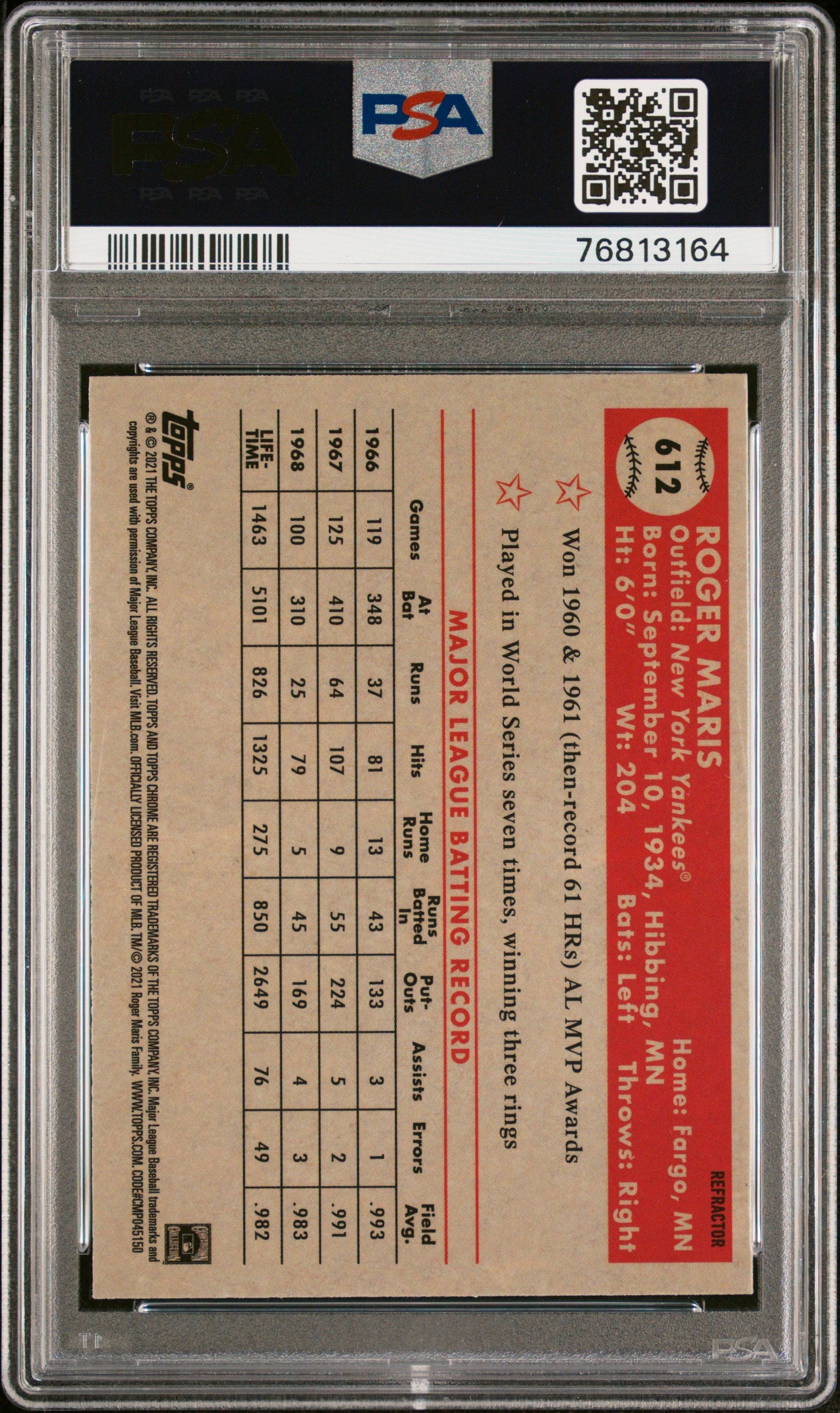 Roger Maris 2021 Topps Chrome Platinum Refractor Baseball Card #612 Graded PSA 9-Powers Sports Memorabilia