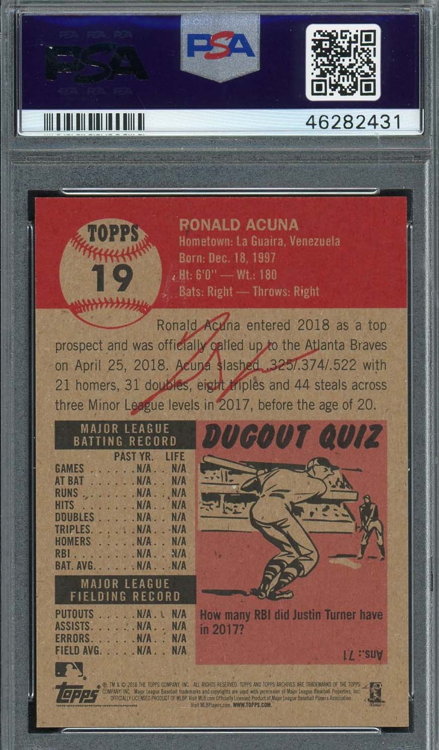 Ronald Acuna Jr 2018 Topps Living Baseball Rookie Card RC #19 Graded PSA 10-Powers Sports Memorabilia