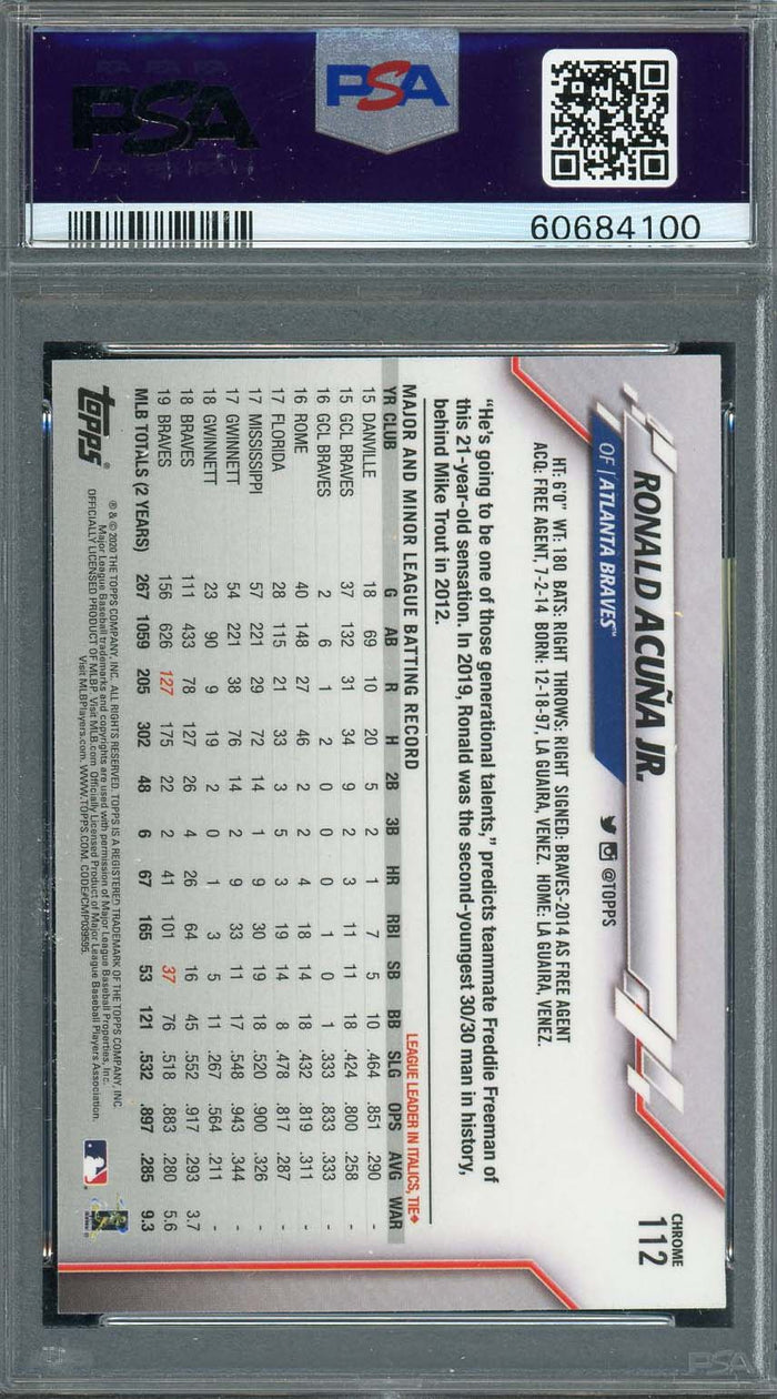 Ronald Acuna Jr 2020 Topps Chrome Prism Refractor Card #112 Graded PSA 10-Powers Sports Memorabilia