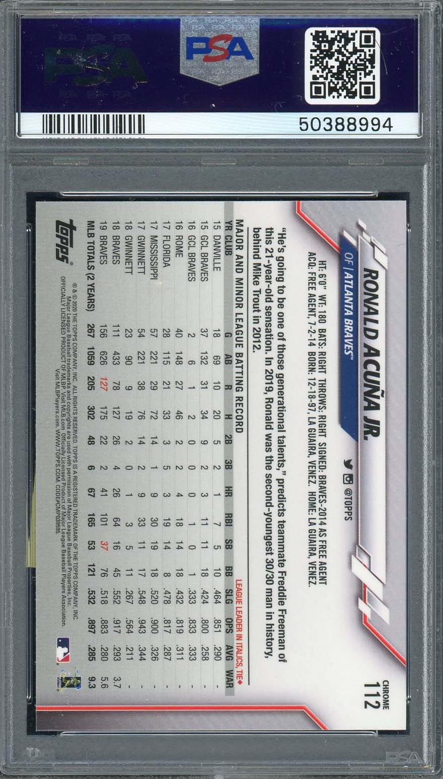 Ronald Acuna Jr 2020 Topps Chrome Baseball Card #112 Graded PSA 10 GEM MINT-Powers Sports Memorabilia