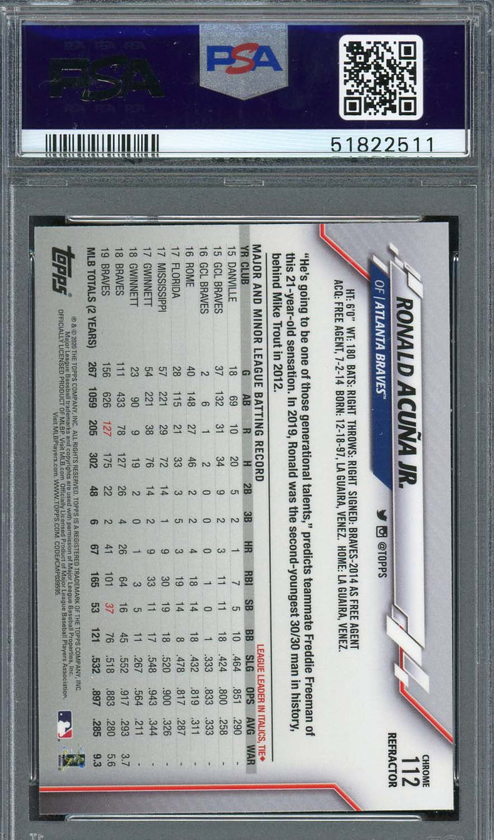 Ronald Acuna Jr 2020 Topps Chrome Sepia Refractor Baseball Card #112 PSA 10-Powers Sports Memorabilia