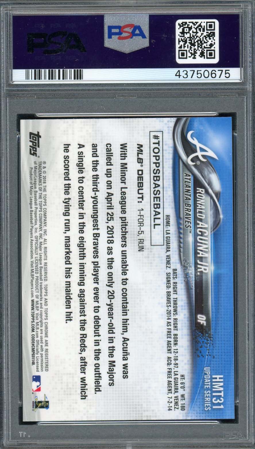 Ronald Acuna Jr 2018 Topps Chrome Update Baseball Rookie Card RC #HMT31 Graded PSA 10 GEM MINT-Powers Sports Memorabilia
