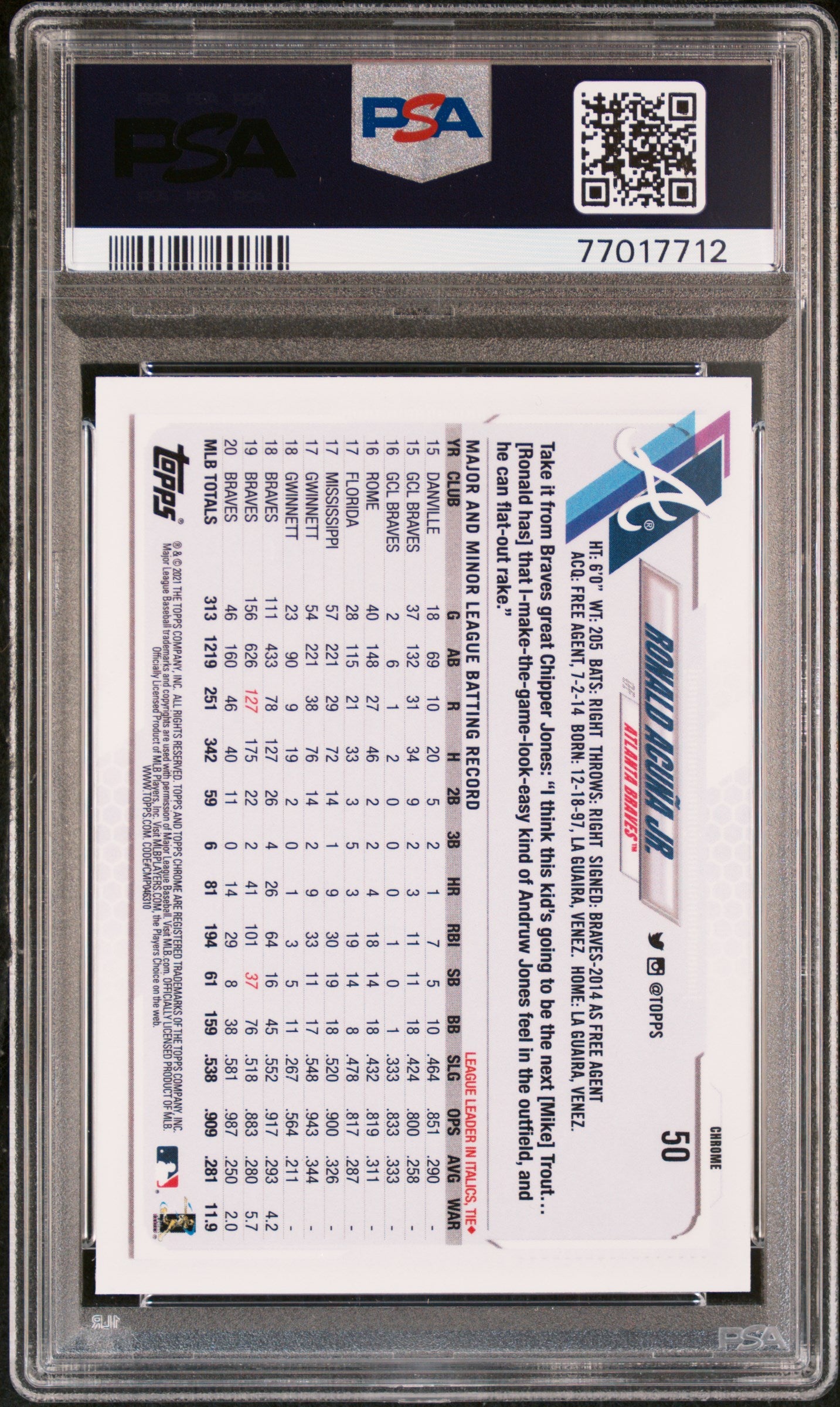 Ronald Acuna Jr 2021 Topps Chrome Baseball Card #50 Graded PSA 10-Powers Sports Memorabilia