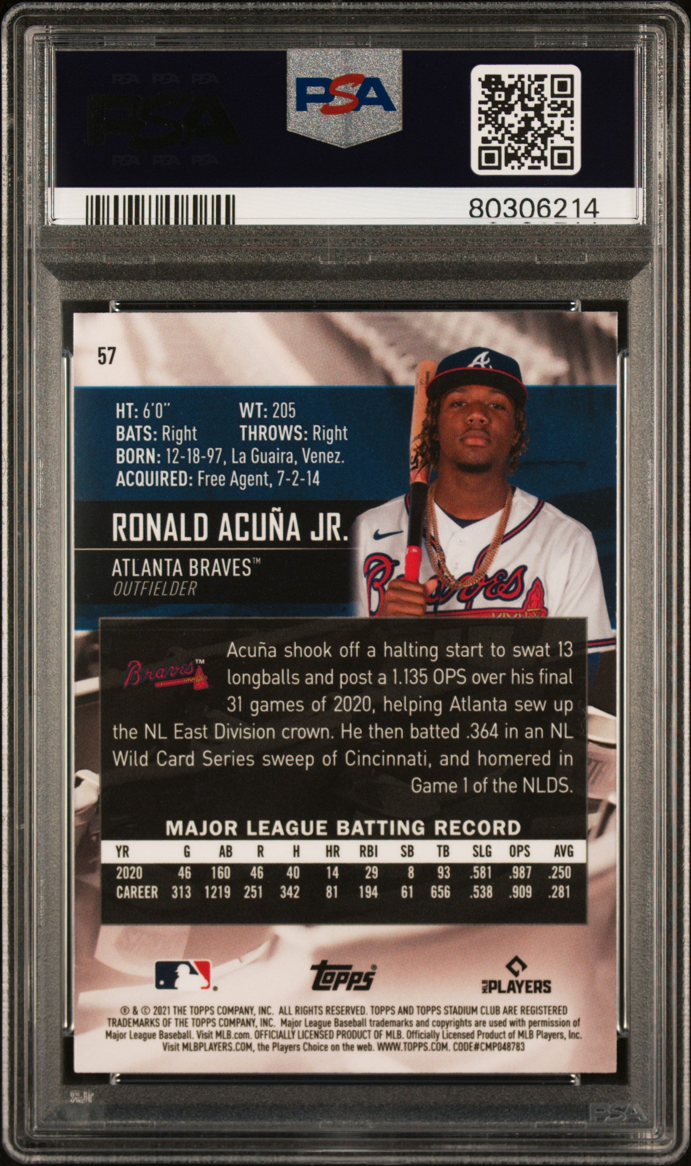 Ronald Acuna 2021 Topps Stadium Club Chrome Baseball Card #57 Graded PSA 10-Powers Sports Memorabilia