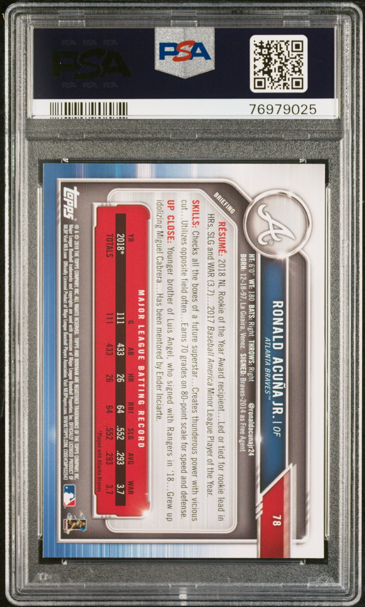 Ronald Acuna Jr 2019 Bowman Baseball Card #78 Graded PSA 10-Powers Sports Memorabilia